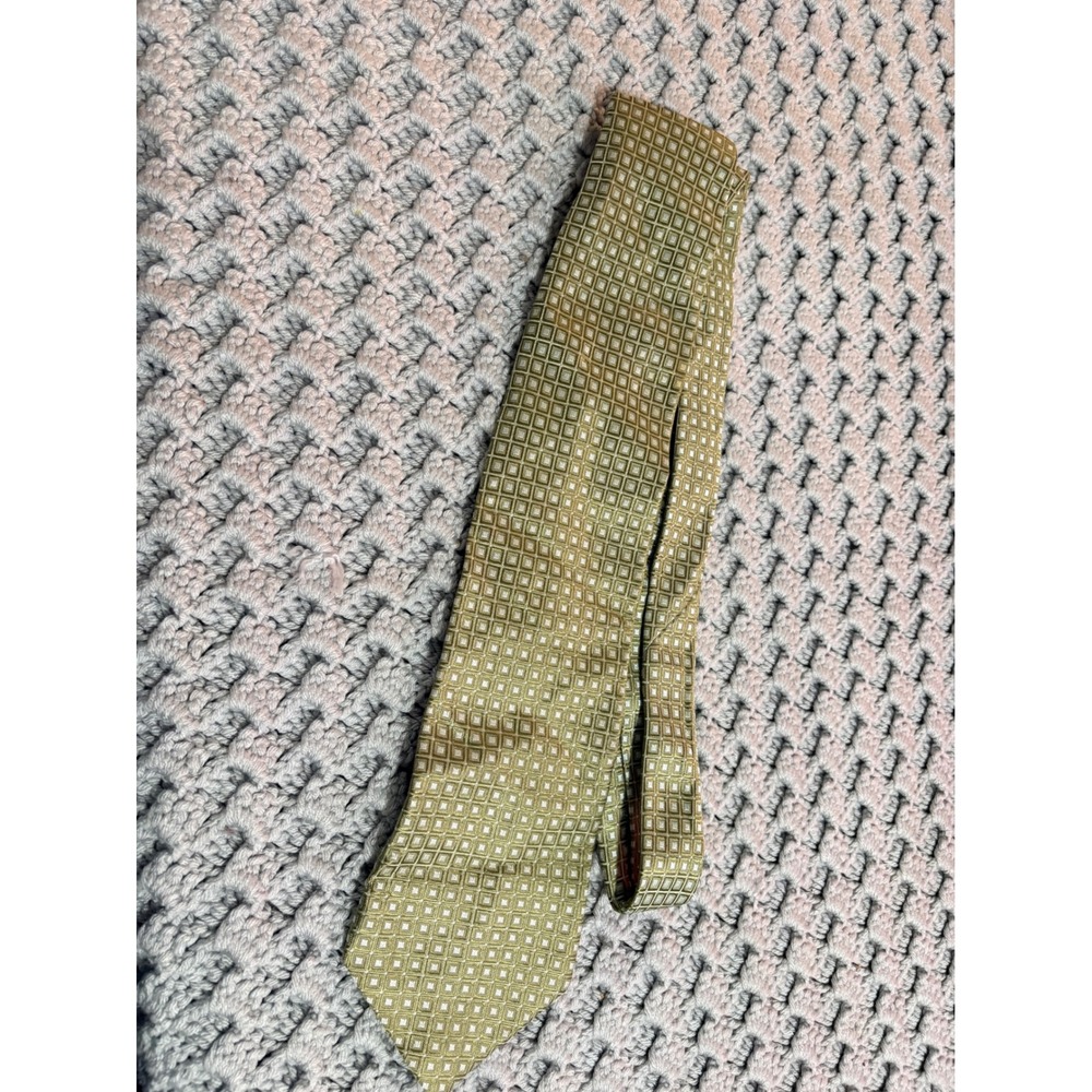 Calvin Klein Mens Olive Green Gold Geometric Square Grid 100% Silk Necktie Tie